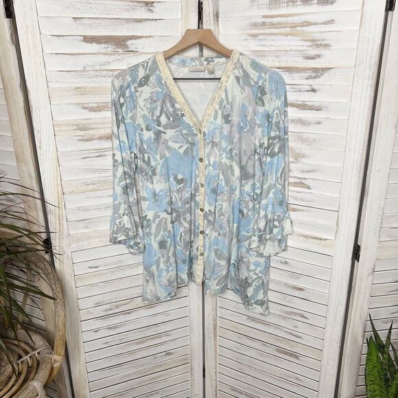 LOGO LORI GOLDSTEIN Women's Sm Rayon Button Cardigan Top Lace Ruffle Blue Cream - Picture 12 of 12